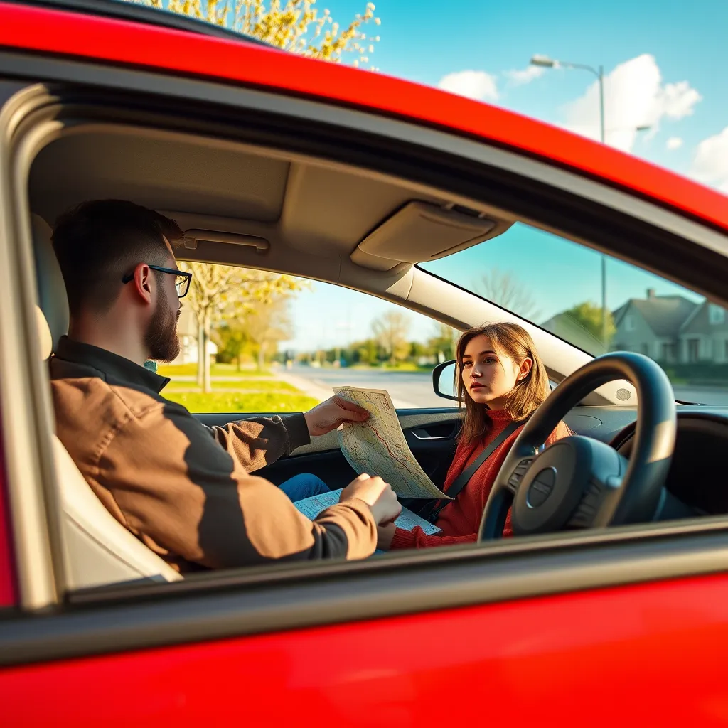 A photorealistic image of a driving instructor and a student in a car on a sunny day. The car is a modern hatchback, parked on a residential street with a clear view of a nearby park. The instructor is sitting in the driver's seat, pointing at a map, while the student sits in the passenger seat, listening intently. The image should capture the relaxed and friendly atmosphere of a driving lesson. The lighting should be warm and inviting, with soft shadows. The image should have a detailed and realistic style, emphasizing the textures of the car, the street, and the surroundings. The camera angle should be slightly elevated and looking down at the car, capturing the whole scene. The image should be in 8K resolution and ultra-realistic, with a vibrant color palette that conveys a sense of optimism and confidence.