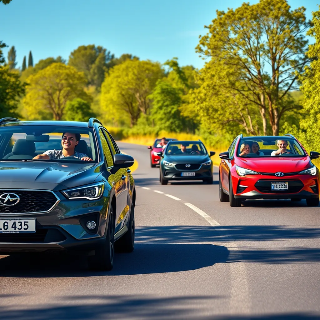 A photorealistic image of a group of students driving a variety of vehicles on a winding country road. The students are smiling and confidently navigating the road, with a sense of enjoyment and accomplishment. The image should capture the excitement and adventure of learning new driving skills. The lighting should be natural and bright, with a blue sky and lush green trees lining the road. The image should have a vibrant and detailed style, emphasizing the textures of the vehicles, the road, and the surrounding environment. The camera angle should be slightly elevated, looking down at the cars from a perspective that emphasizes the winding road. The image should be in 8K resolution, with a high level of detail that showcases the realism of the scene.