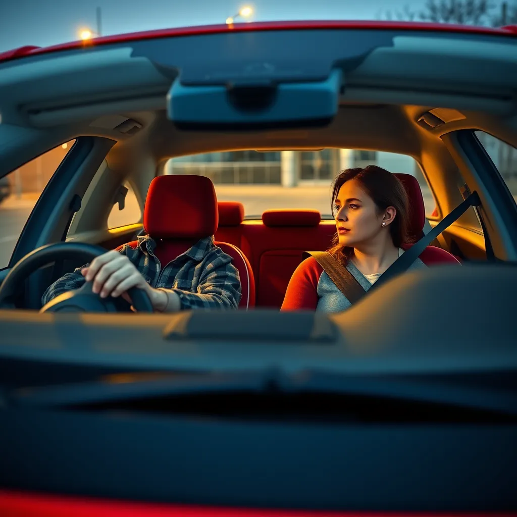 A photorealistic image of a student driving a modern, red hatchback, equipped with dual controls. The student is focused and confident behind the wheel, while the instructor is seated beside them, calmly observing and providing guidance. The car is parked in a well-lit driving school yard.