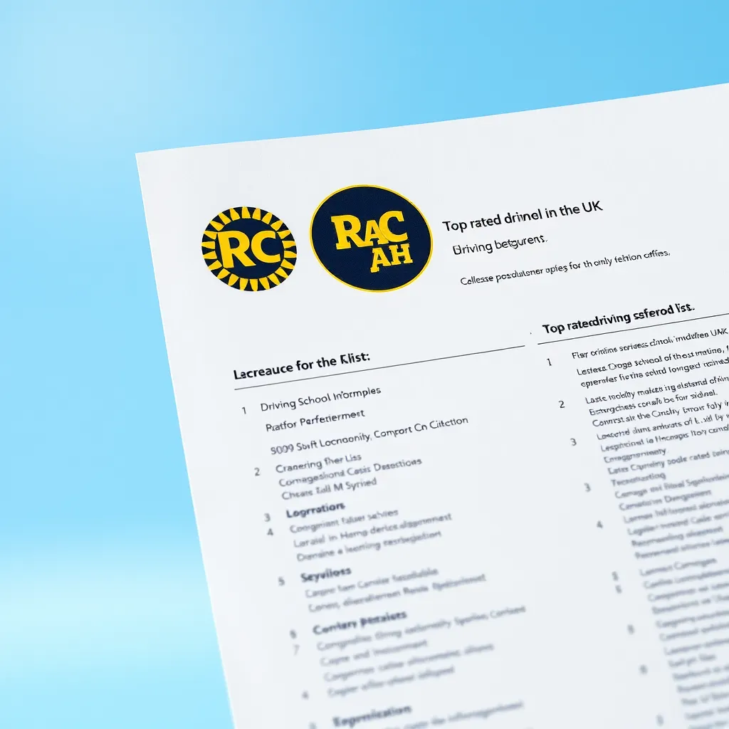 A professional looking document with the logo of the RAC or AA. The document features a list of top-rated driving schools in the UK, with details like location, contact information, and services offered. The background should be a light blue color, representing a clear sky.