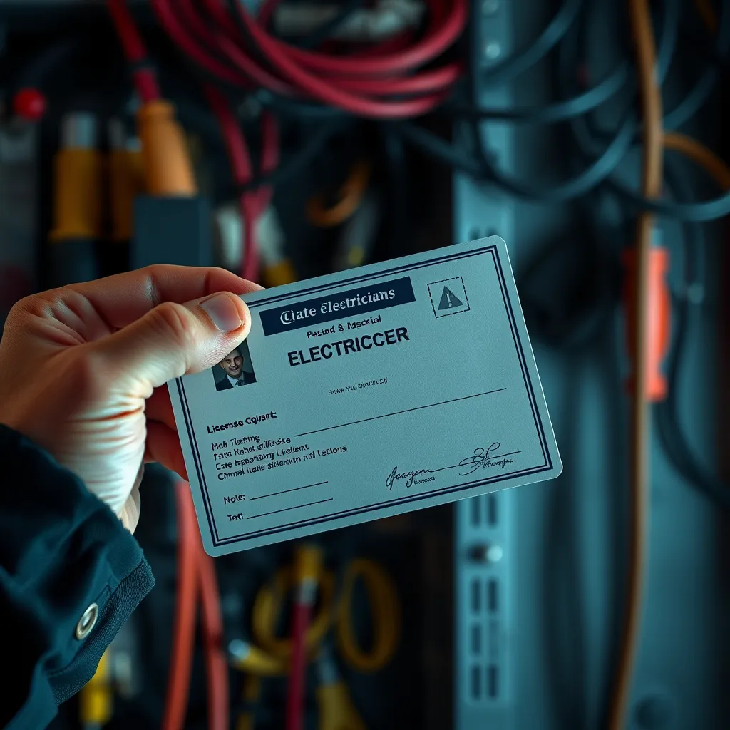 A close-up image of an electrician holding a license with the electrician's hand visibly holding the license,  with a blurred background of electrical tools and wires.