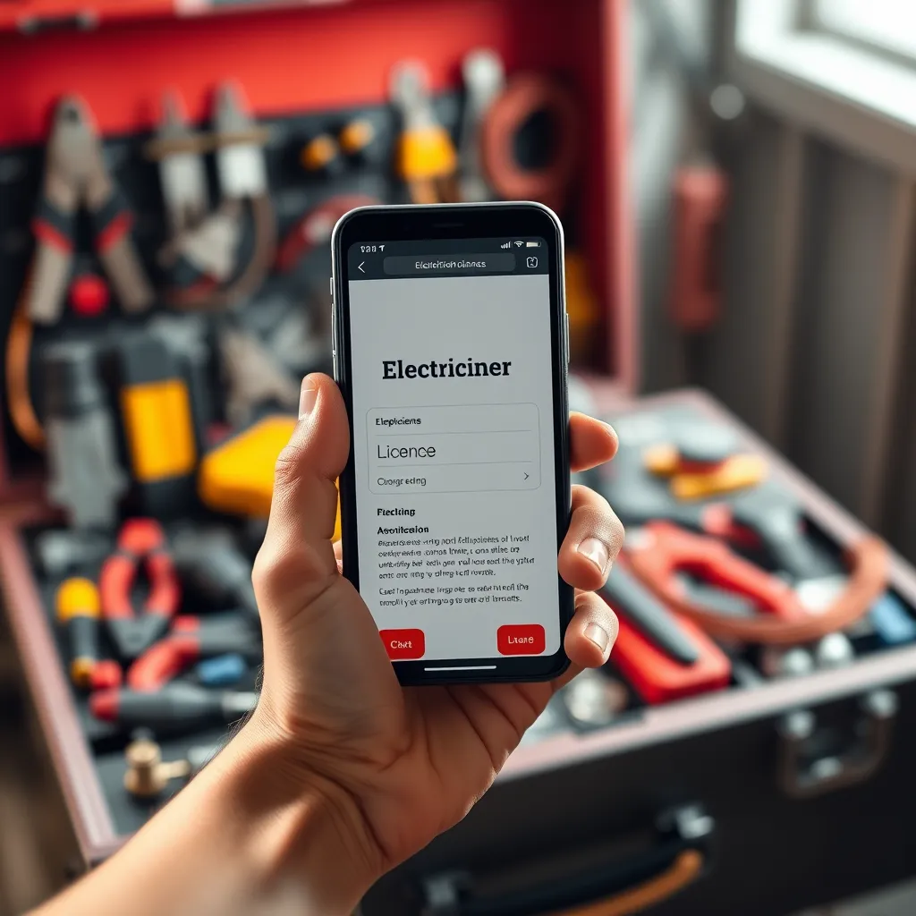 A close-up shot of a hand holding a smartphone displaying a website with the electrician's license information. The background is a blurred image of an electrician's toolbox with various tools, wires, and equipment. The lighting is warm and inviting, with soft shadows. The image is rendered in a photorealistic style with 8K resolution and ultra-detailed textures.