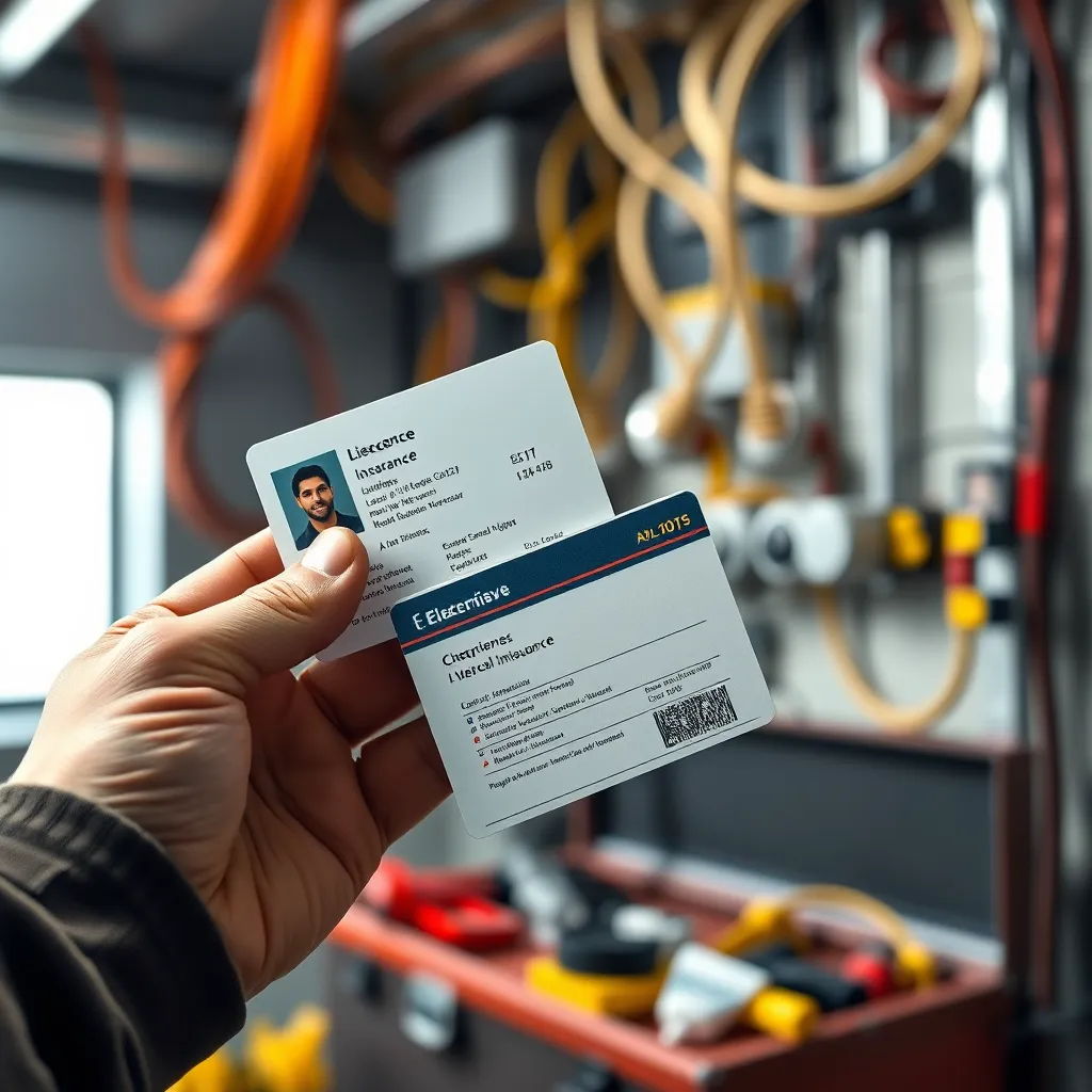 A close-up shot of an electrician's hand holding a license and insurance card, with a blurred background showing a toolbox and electrical wiring. The scene should be well-lit and professional, highlighting the importance of credentials.