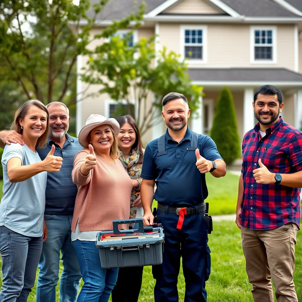 A group of happy homeowners smiling and giving a thumbs up, standing in front of their newly renovated home with a professional electrician. The electrician is holding a toolbox and smiling. The background is a beautiful, well-maintained neighborhood with lush green lawns.