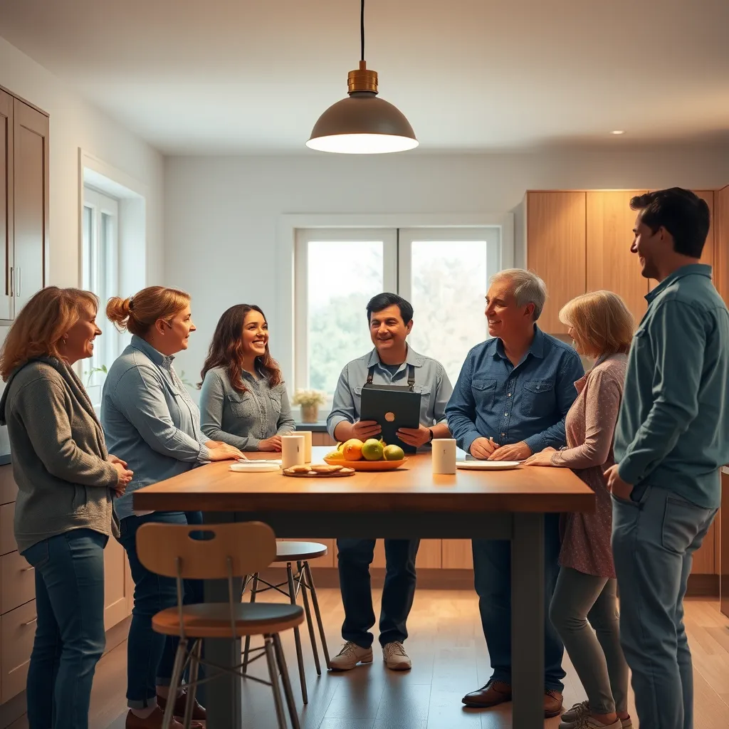 A group of people standing around a kitchen table, discussing the electrician's work. The scene should be friendly and positive, with people smiling and sharing stories about their experiences. The kitchen should be clean and modern, emphasizing the value of positive feedback.