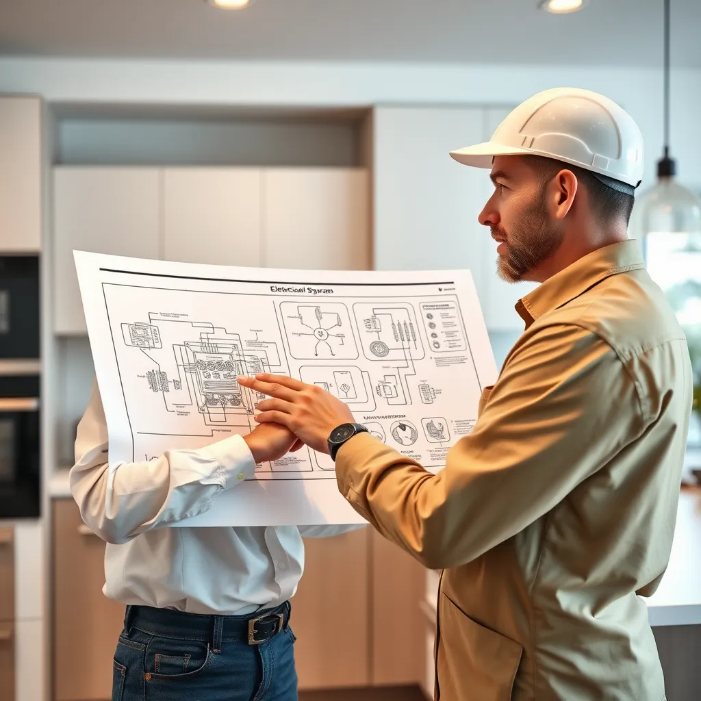 A professional electrician, wearing a clean uniform, is explaining the electrical system diagram to a homeowner. The setting is a modern kitchen with sleek appliances and minimalist decor. The electrician is pointing to specific components on the diagram, demonstrating their expertise and knowledge. The lighting is bright and clear, highlighting the technical details of the illustration. The image is rendered in a photorealistic style with 8K resolution, capturing the precision of the diagram and the electrician's focused expression.