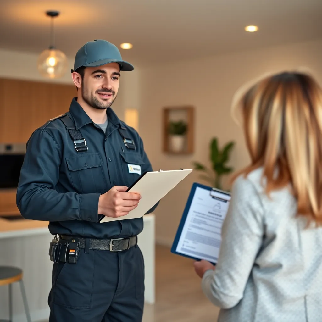 A professional electrician in a clean uniform, standing confidently with a clipboard in hand, showing a valid electrician's license to a homeowner. The background is a modern home with a bright, well-lit interior. 