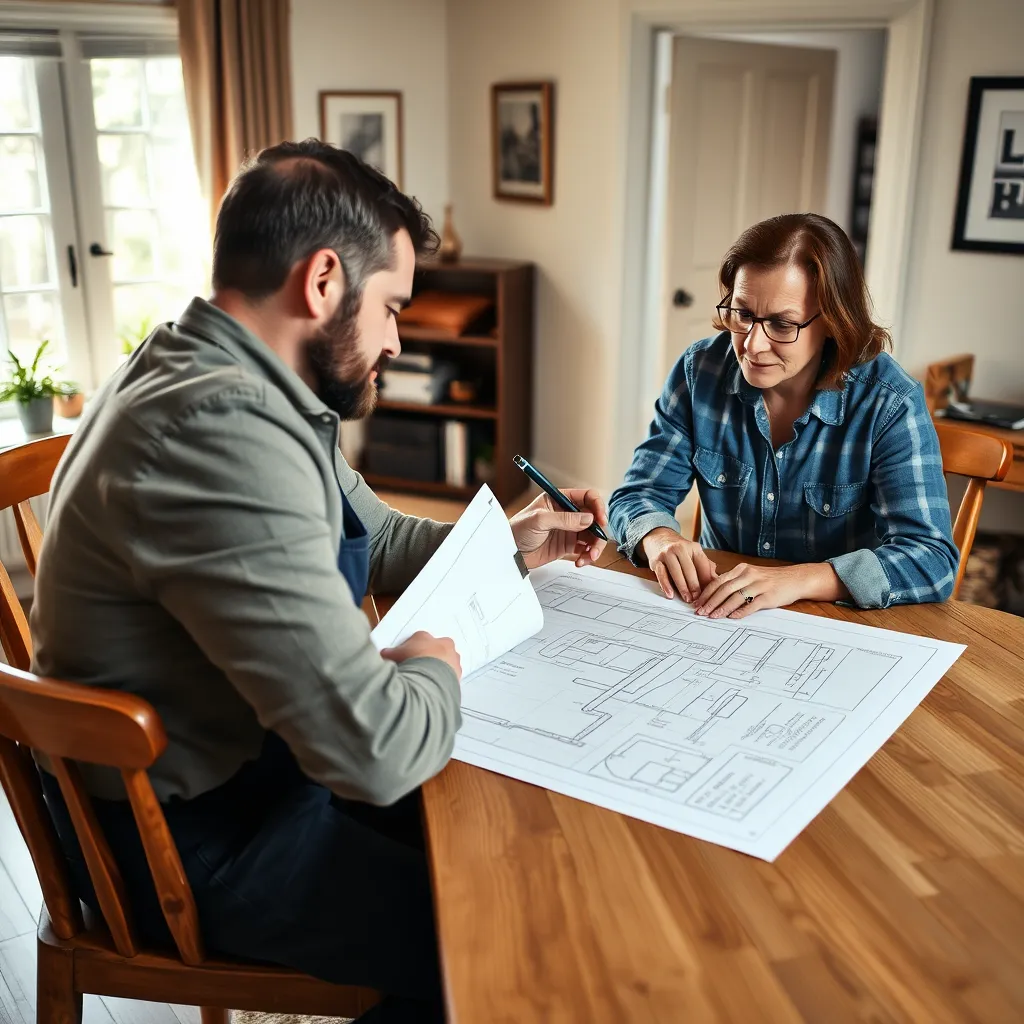 A professional electrician seated at a table with a homeowner, discussing a project plan. Both are looking at a blueprint, and the electrician is using a pen to point at specific details while explaining the work. The setting is a cozy home office with natural light.