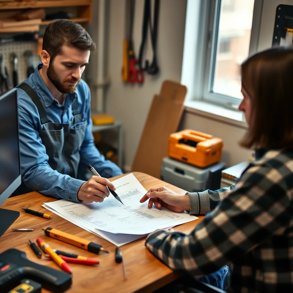 A professional electrician sitting at a desk, discussing a project plan with a client. The scene should be focused on communication, with the electrician holding a pen and paper while the client looks at a detailed quote. The background should include tools and equipment, emphasizing the importance of clear communication and preparation.