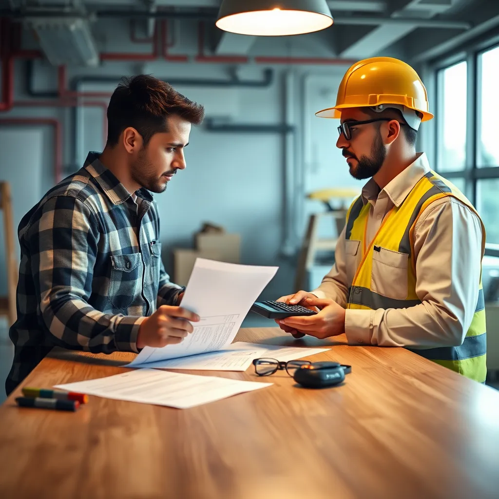 A table with two electricians sitting across from each other, discussing a quote document. One electrician is holding a calculator, highlighting the importance of transparent pricing.