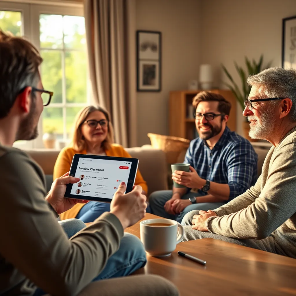 A vibrant and welcoming living room setting with a group of friends chatting over coffee, discussing their experiences with electricians. One person is holding a tablet displaying a website with reviews for different electricians. The lighting is warm and natural, creating a relaxed and comfortable atmosphere. The image is rendered in a photorealistic style with 8K resolution and intricate details. The focus is on the people and their positive interactions.