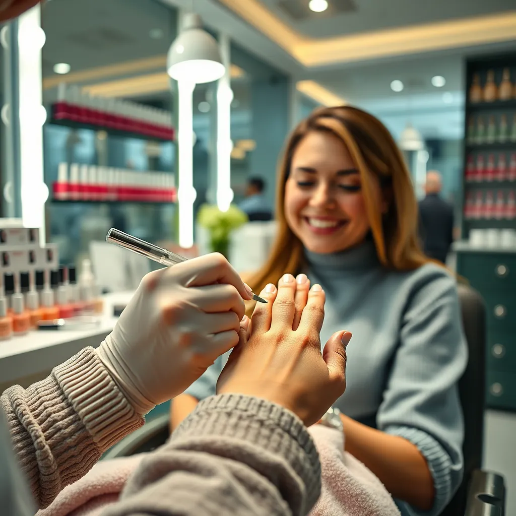 A close-up shot of a manicurist meticulously applying a clear coat of nail polish to a client's hand. The client is relaxed and smiling, with her hand resting on a soft towel. The nail salon is brightly lit, with clean tools and a variety of nail polish colors on display.