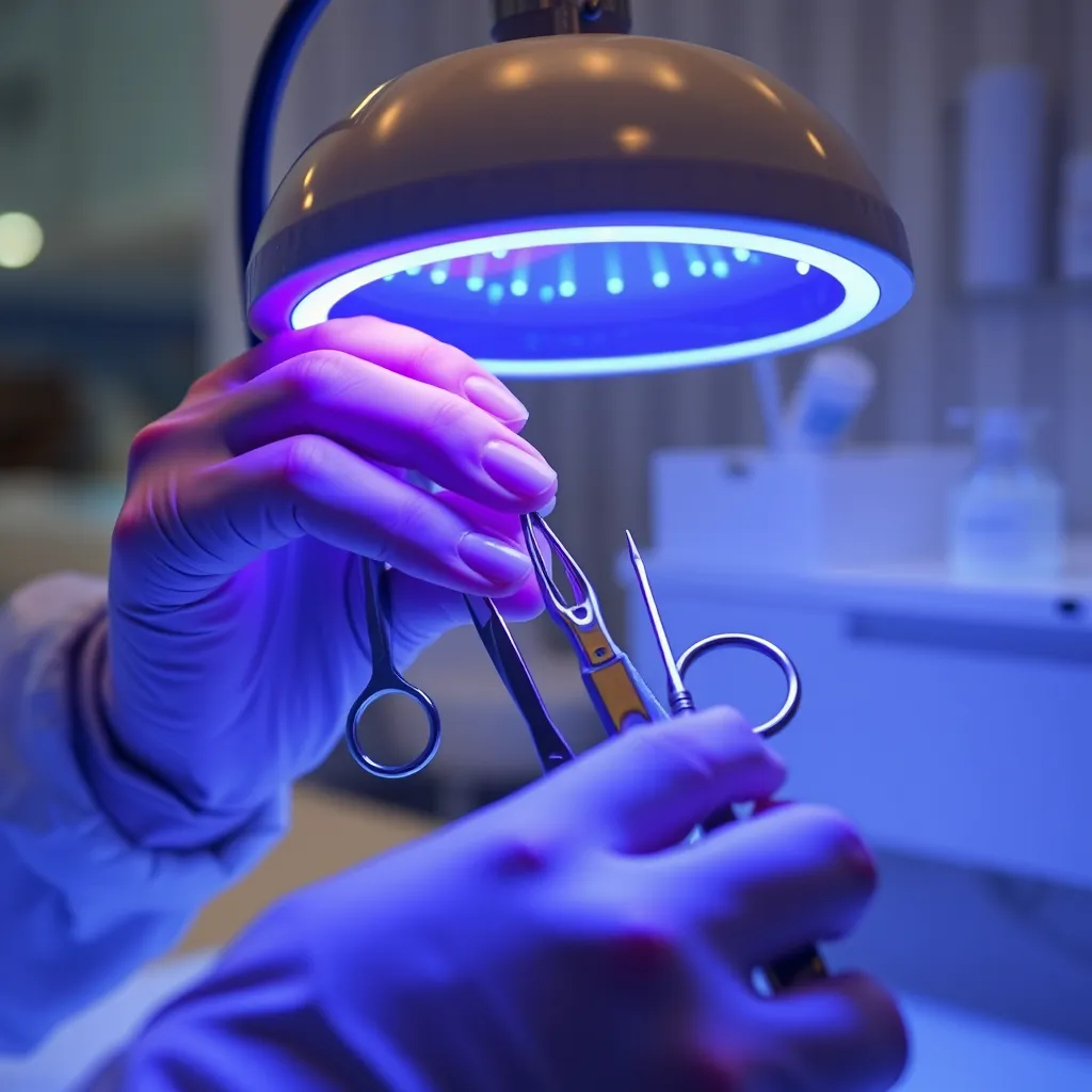 A close-up shot of a manicurist's hands meticulously sterilizing tools with an ultraviolet lamp, highlighting the clean, well-lit salon environment. Focus on the detail of the tools and the shine of the sterilized instruments. 