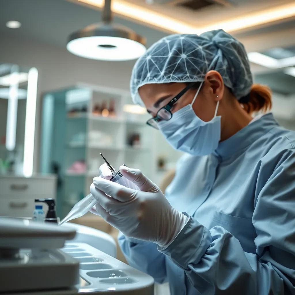 A close-up shot of a nail technician carefully cleaning and sterilizing tools in a well-lit, modern salon with a sterile, clean, and organized appearance, emphasizing the importance of hygiene.