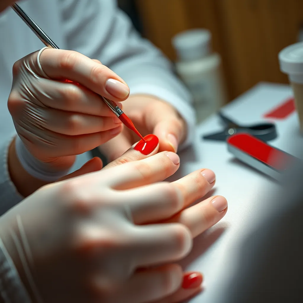 A close-up shot of a skilled nail technician expertly applying a vibrant red nail polish to a client's hand. The composition should emphasize the technician's steady hand, precise movements, and focus on detail. Highlight the tools used: a small brush, cuticle pusher, and nail clippers. Capture the intricate details of the manicured nails, showcasing a flawless finish and a polished look. The lighting should be soft and diffused, creating a warm and inviting atmosphere. Style the image in a realistic manner, with high-quality textures and ultra-detailed rendering. The background should be a clean and professional setting, reflecting the high standards of the salon.