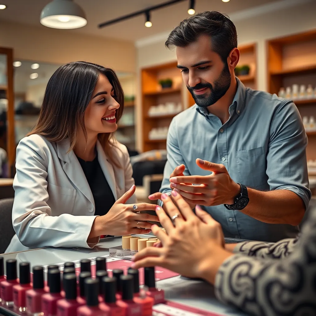 A friendly, professional manicurist listening attentively to a client describing their desired nail design. The client's hands are placed on a table showcasing nail polish colors and design options.  The background is a warm, inviting nail salon.