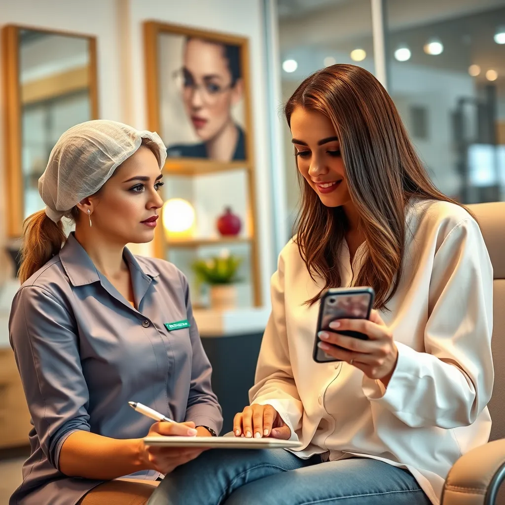 A nail technician attentively listening to a client who is describing her desired nail design, with a notepad and pen in hand, while the client shows examples of nail art styles on her phone, in a warm and friendly salon setting.