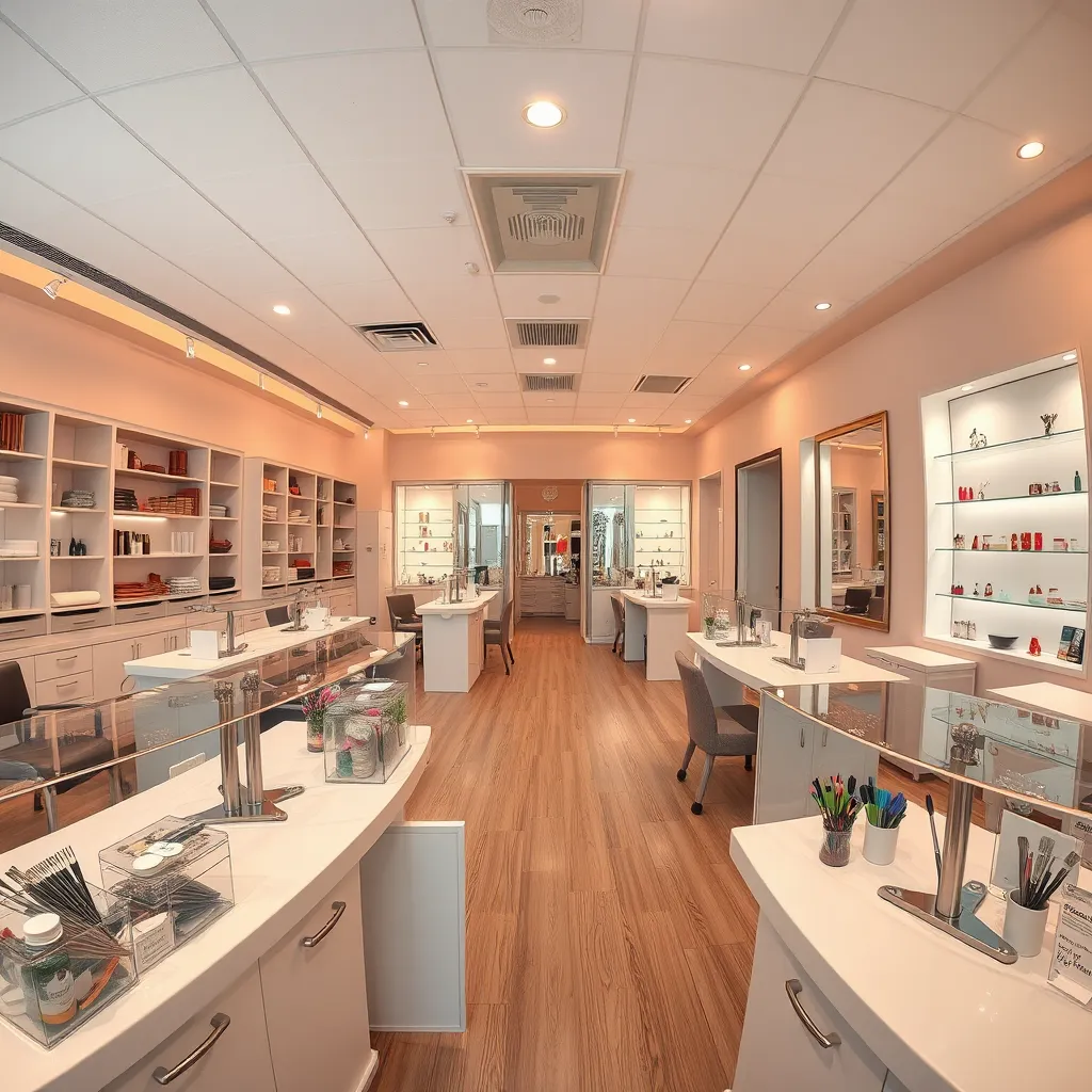 A panoramic view of a nail salon's interior, showcasing spotless work stations, sterilized tools displayed in sealed containers, and a clean and well-maintained environment. The salon is brightly lit and well-ventilated, with a warm and welcoming atmosphere.