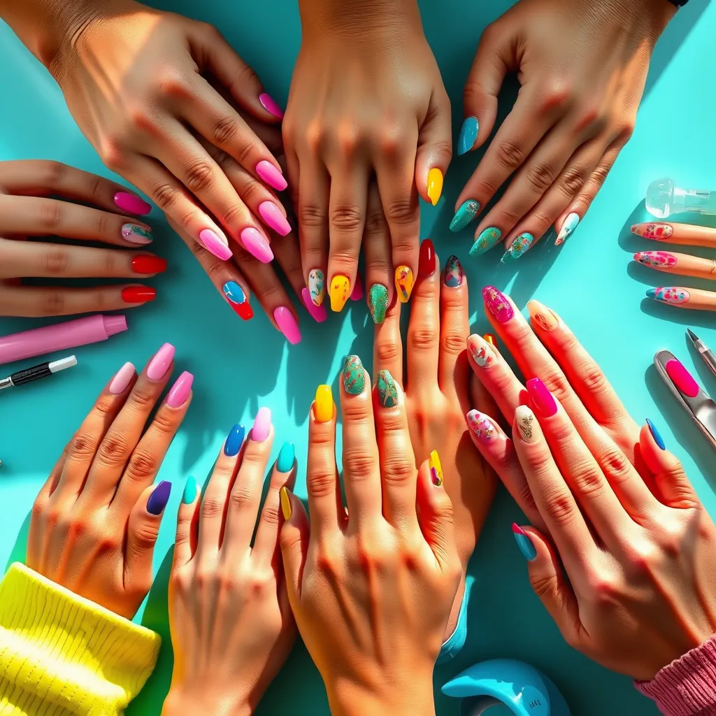 A vibrant and colorful image depicting a range of nail services. Feature manicures, pedicures, nail art, gel polish, and other popular treatments. The image should be composed of multiple hands, each with a different nail design, showcasing the diversity and creativity of the salon. Highlight the bright colors, intricate patterns, and sparkling embellishments. Use natural light and soft shadows to create depth and dimension. Capture the textures and materials of the various nail products and tools, emphasizing the high quality of the services. The overall mood should be cheerful and energetic, reflecting the vibrant atmosphere of a well-equipped nail salon. The image should be in 8K resolution, with a hyperrealistic aesthetic.