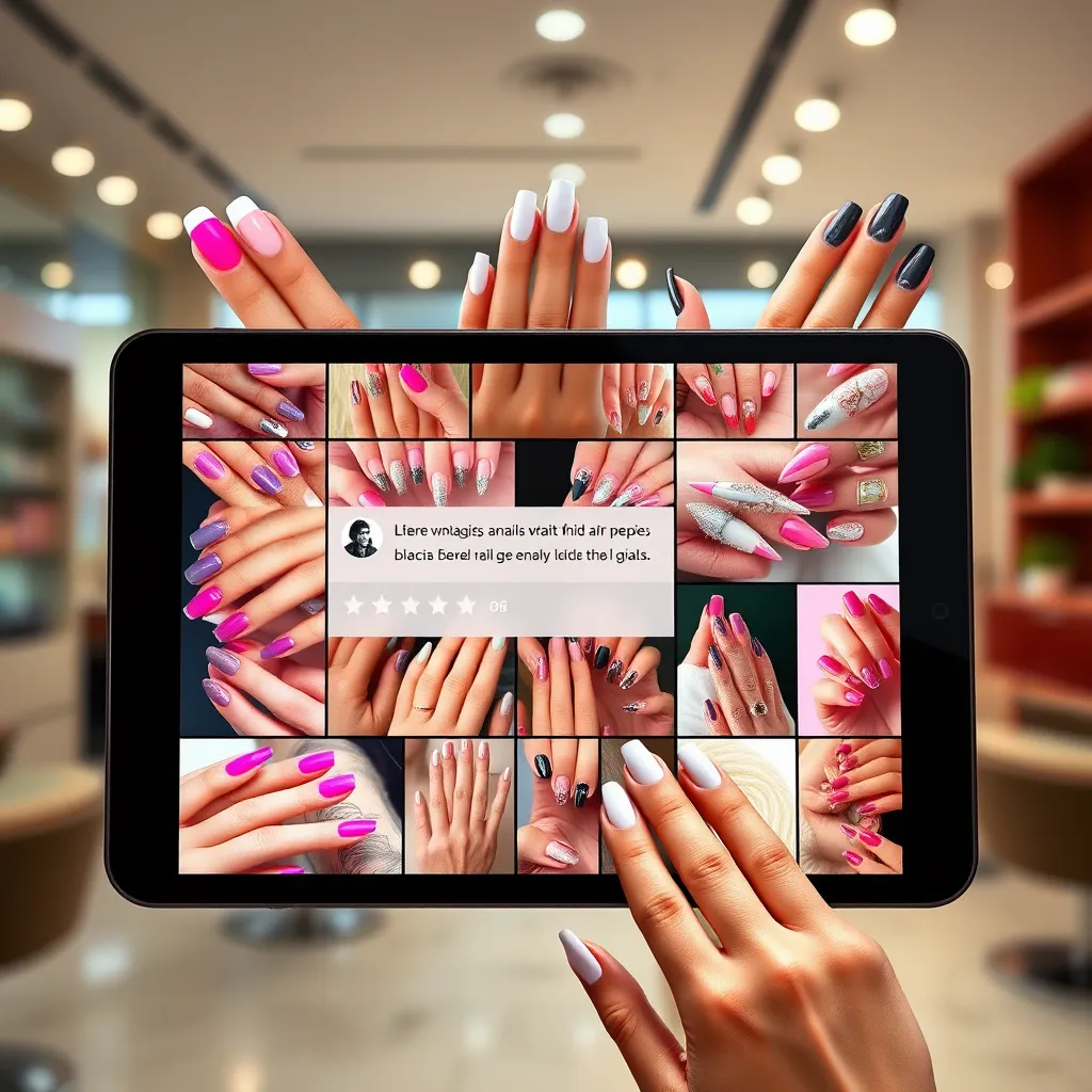 A vibrant collage featuring a diverse range of manicures, from classic French tips to intricate nail art, displayed on a tablet screen alongside a positive online review.  The background should be a modern nail salon interior.