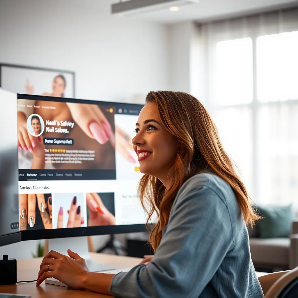 A woman looking at a computer screen, displaying reviews and photos of nail art from a nail salon website, with a happy expression on her face, in a well-lit and modern setting.