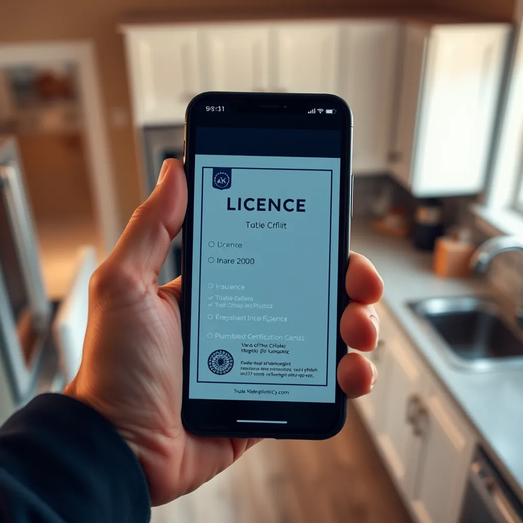 A close-up, high-angle shot of a plumber's hand holding a smartphone with a bright, clear display showing a digital license and insurance certificate. The background is a blurred, soft-focus image of a modern kitchen with white cabinets and stainless steel appliances. The image should be lit with warm, natural light, creating a feeling of trust and professionalism. The image should be in a photorealistic style, with high detail and sharp focus, rendered in 8K resolution. The overall mood should be one of confidence and reassurance.