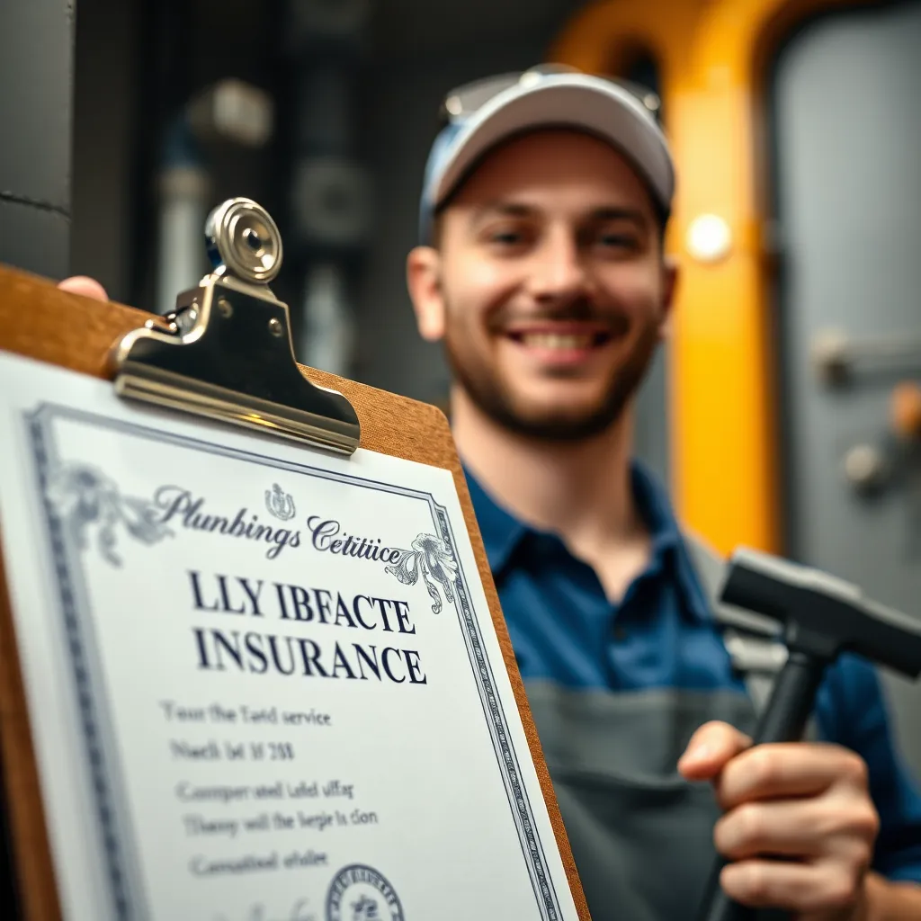 A close-up shot of a plumber's license and insurance certificate hanging on a clipboard, with a professional looking plumber in the background, holding a tool and smiling confidently.