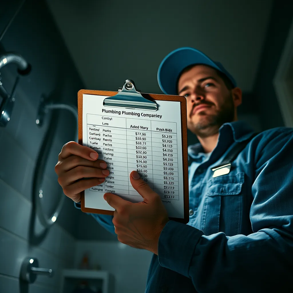 A dramatic, low-angle shot of a plumber holding a clipboard with multiple bids from different plumbing companies. The clipboard is illuminated by a bright spotlight, highlighting the numbers and names of each company. The background is a dark, moody, and slightly blurred image of a bathroom with a leaking pipe. The image should be lit with dramatic, side lighting, creating a sense of urgency and professionalism. The image should be in a photorealistic style, with high detail and sharp focus, rendered in 8K resolution. The overall mood should be one of competence and confidence in finding the best deal.