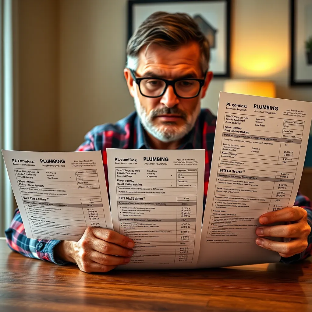 A homeowner sitting at a table reviewing three different quotes from plumbers, each quote highlighting different services and pricing details. The homeowner is wearing glasses and holding a pen.