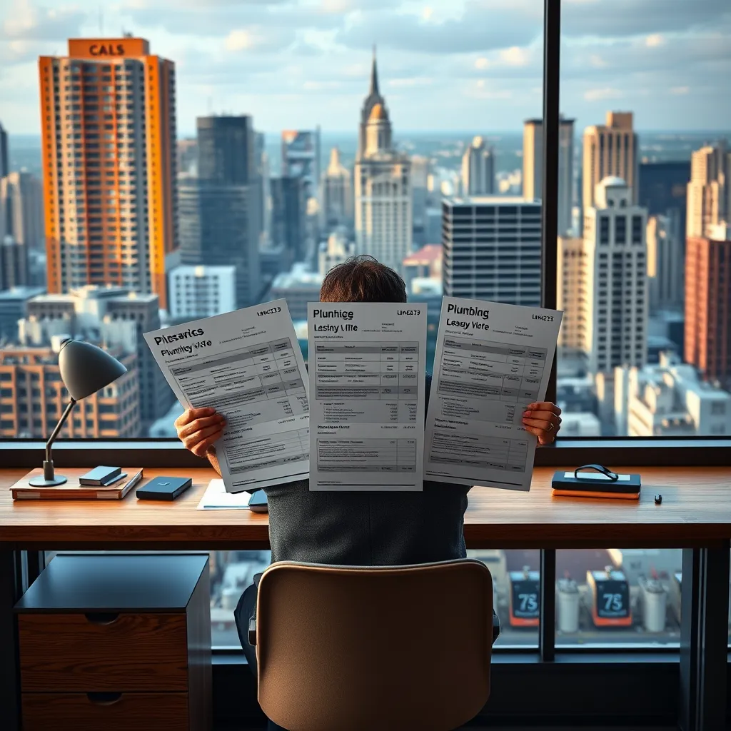 A person seated at a desk, comparing three different quotes for plumbing services from different companies, with a background of a cityscape showcasing various buildings.