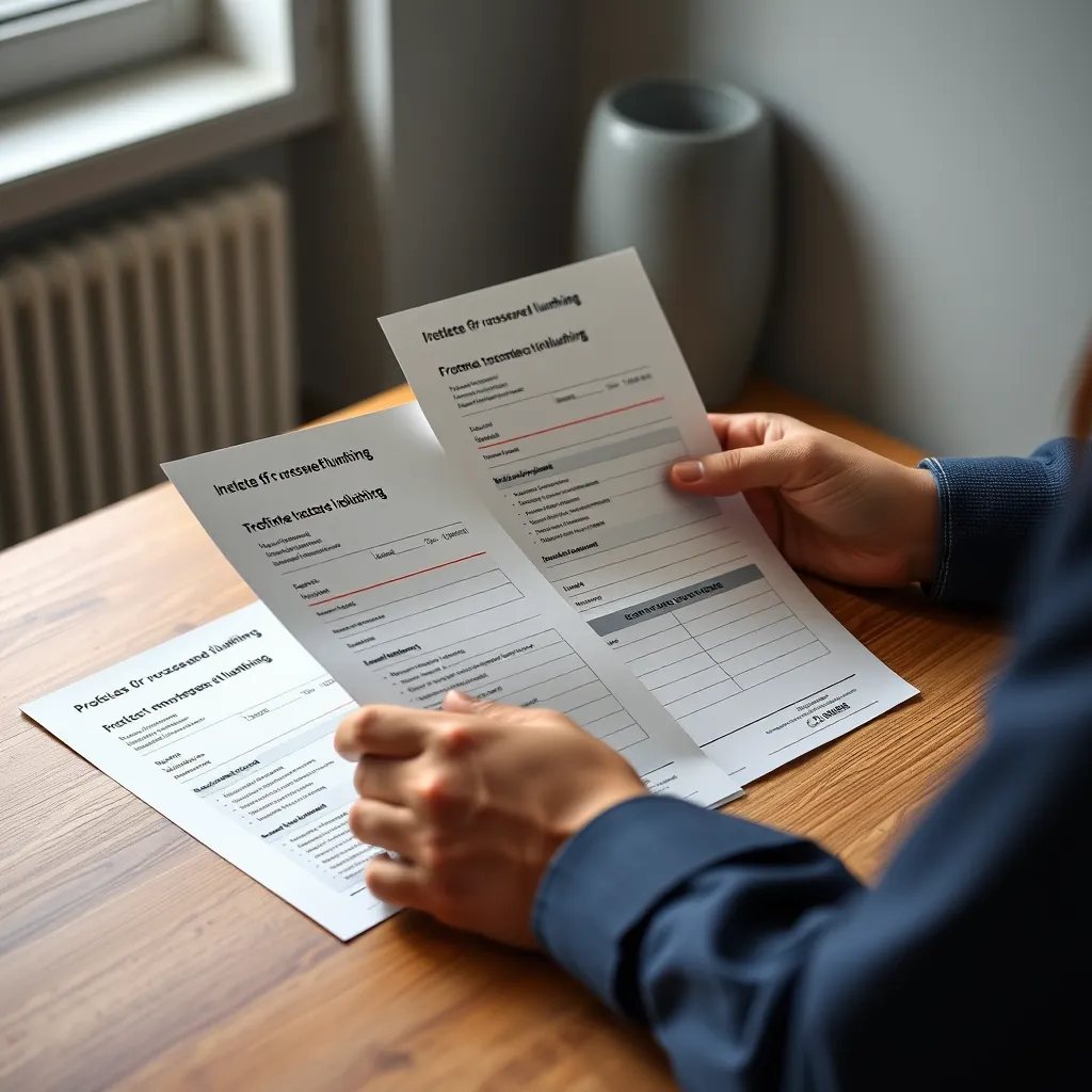 A photorealistic image of a person sitting at a table, comparing quotes from three different plumbers. The quotes should be clearly visible, highlighting different pricing and service options.