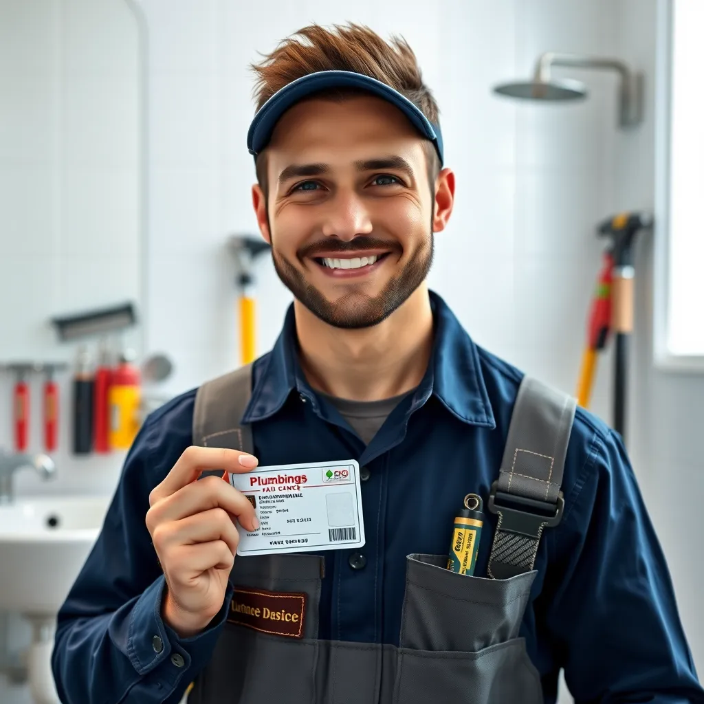 A photorealistic image of a plumber holding a license and insurance card, smiling confidently. The background should be a clean, modern bathroom setting with tools neatly arranged.