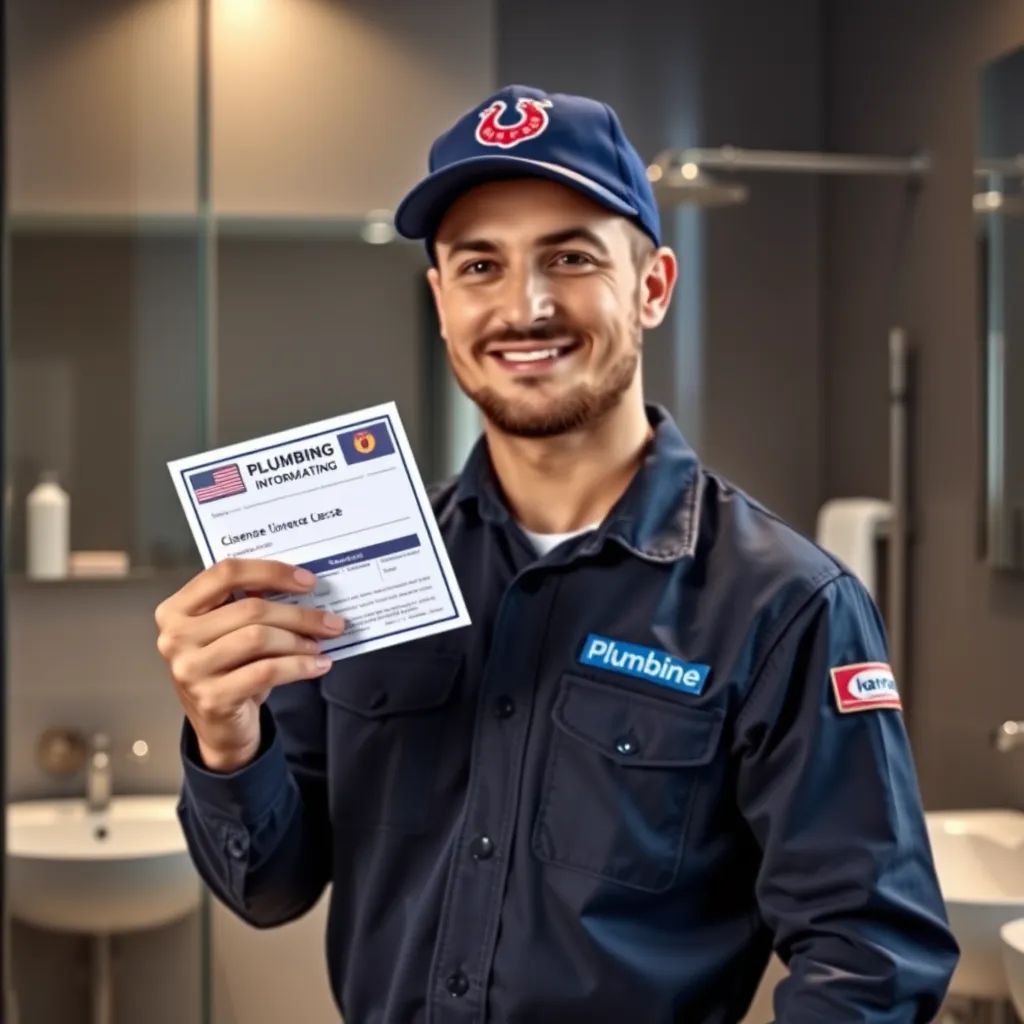 A professional plumber, wearing a uniform, holding a plumbing license and a document showcasing insurance information, with a background of a modern bathroom with sleek fixtures.