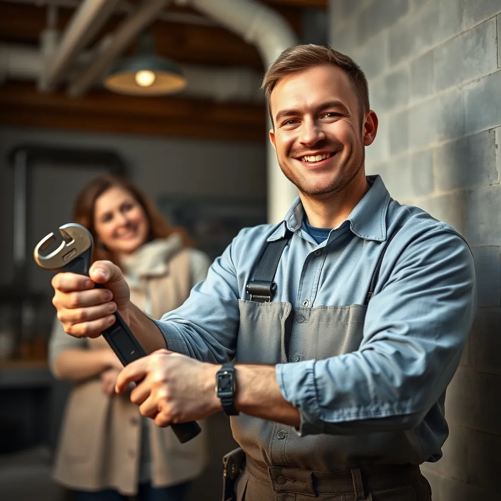 A professional plumber in a clean uniform, smiling confidently while holding a wrench and inspecting a pipe with a satisfied homeowner looking on in the background.