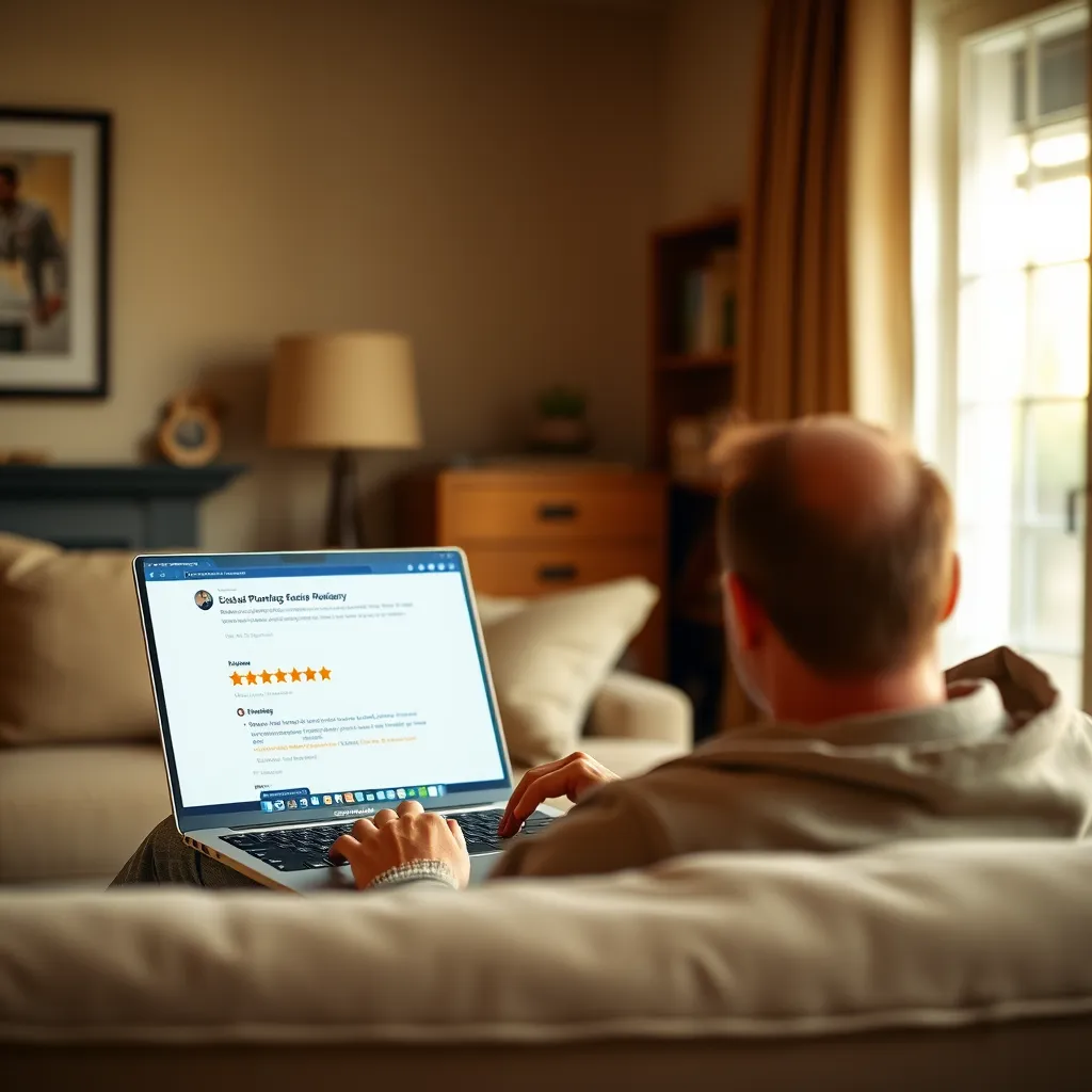 A wide shot of a person sitting on a couch in a living room, looking intently at a laptop screen. The laptop screen displays a website with glowing 5-star reviews and positive comments about a plumbing company. The room is cozy and well-lit with warm, inviting light. The image should be in a photorealistic style, with a soft, natural light, creating a sense of warmth and trust. The laptop screen should have a subtle glow, highlighting the reviews. The overall mood should be one of satisfaction and positive feedback.