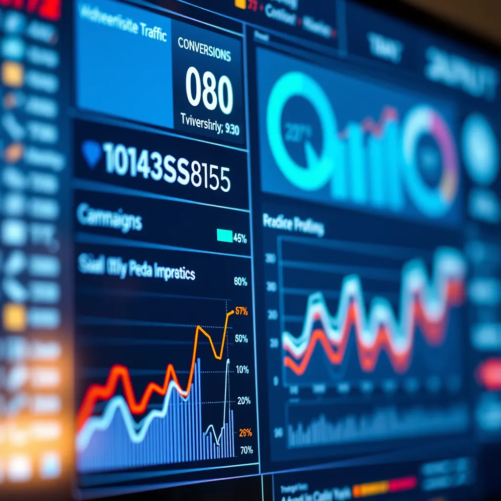 A close-up of a digital marketing dashboard displaying real-time data and insights. The screen shows key metrics like website traffic, conversions, and social media engagement, alongside a visual representation of campaign performance over time. The image should emphasize the agency's focus on data-driven decision-making.