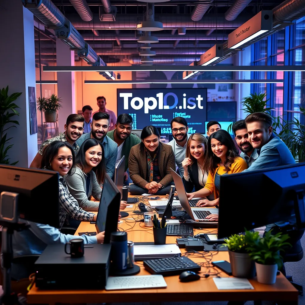 A diverse group of people, representing the Top10List team, are working collaboratively in a vibrant, modern office space. They are surrounded by digital marketing tools and equipment, showcasing a dynamic and innovative environment.