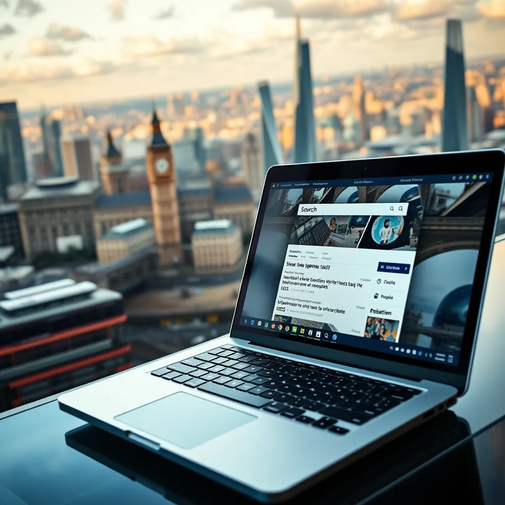 A high-angle view of a laptop screen displaying a website ranking high in search engine results. The background shows a bustling cityscape with iconic UK landmarks, representing the agency's ability to elevate brands to national prominence. The image should convey a sense of digital dominance and authority.