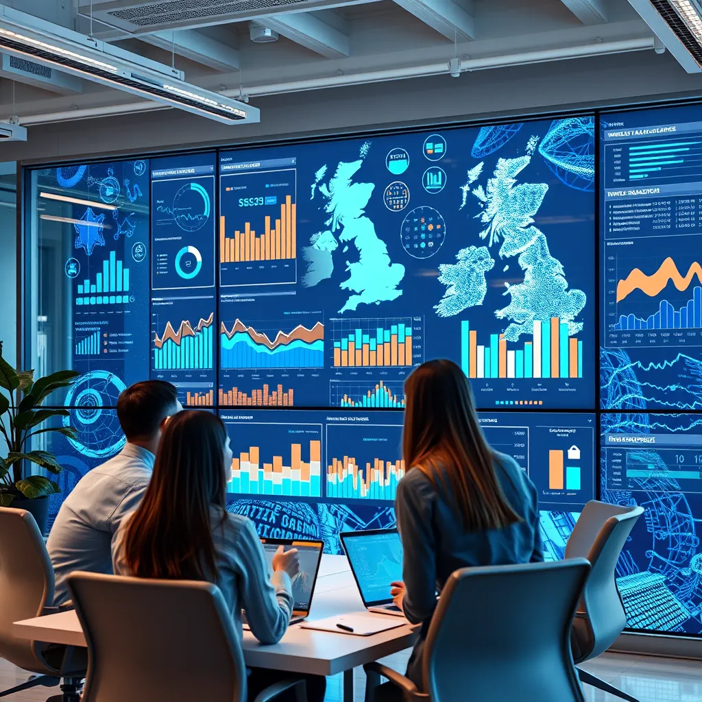 A modern office setting with a team of professionals analyzing data on a large screen, showcasing graphs and charts representing website traffic, conversions, and brand engagement. The background should feature a dynamic, data-driven visualization of the UK market.