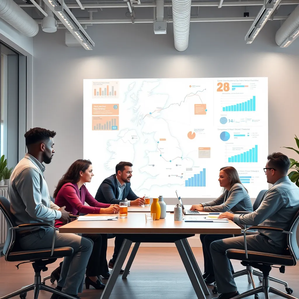 A modern office with a team of diverse professionals collaborating around a table, a large map of the UK on the wall behind them, with data visualizations and charts projected onto the map, showcasing their expertise in UK market trends and consumer behavior.