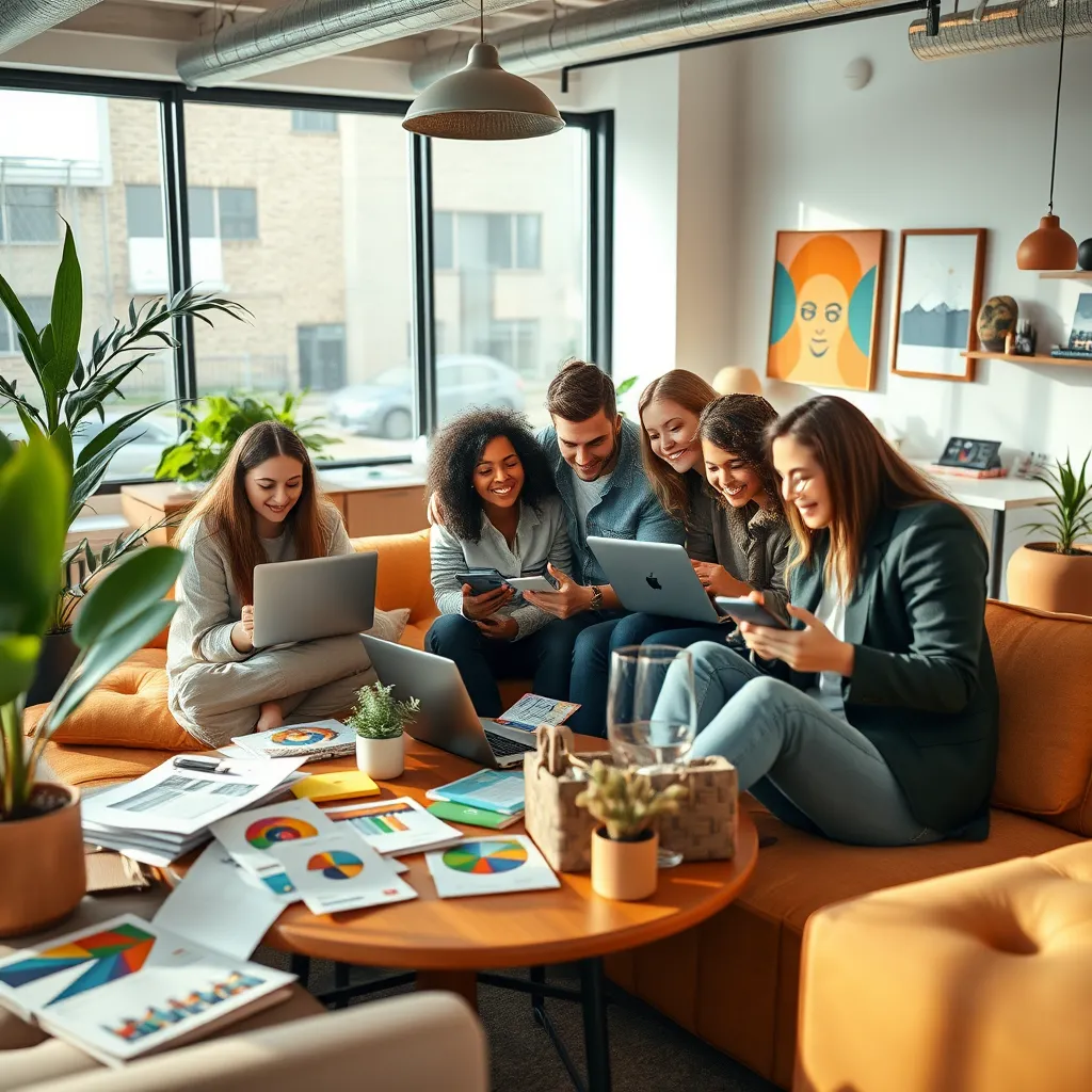 A photorealistic, ultra-high quality image capturing a group of diverse individuals collaborating on a creative content project in a modern and inviting workspace. The individuals should be engaged and enthusiastic, working on laptops, tablets, and smartphones, with a mix of digital and physical content scattered around them. The workspace should be filled with natural light, creating a bright and airy atmosphere. The color palette should be warm and inviting, with a focus on earthy tones and pops of vibrant colors representing the diverse content being created. The image should be captured from a slightly elevated angle, showcasing the collaborative nature of the team and the creative energy in the space. The individuals should be dressed in modern, casual attire, representing a contemporary and approachable style. The image should depict a variety of content types, including blogs, social media posts, infographics, and videos. The scene should be filled with details that convey a sense of creativity and innovation, including unique furniture, plants, and artwork. The style should be inspired by modern photographers known for their vibrant and dynamic imagery, such as David LaChapelle or Annie Leibovitz. The image should be rendered in 8K resolution with hyperrealistic details, showcasing the quality of the rendering.