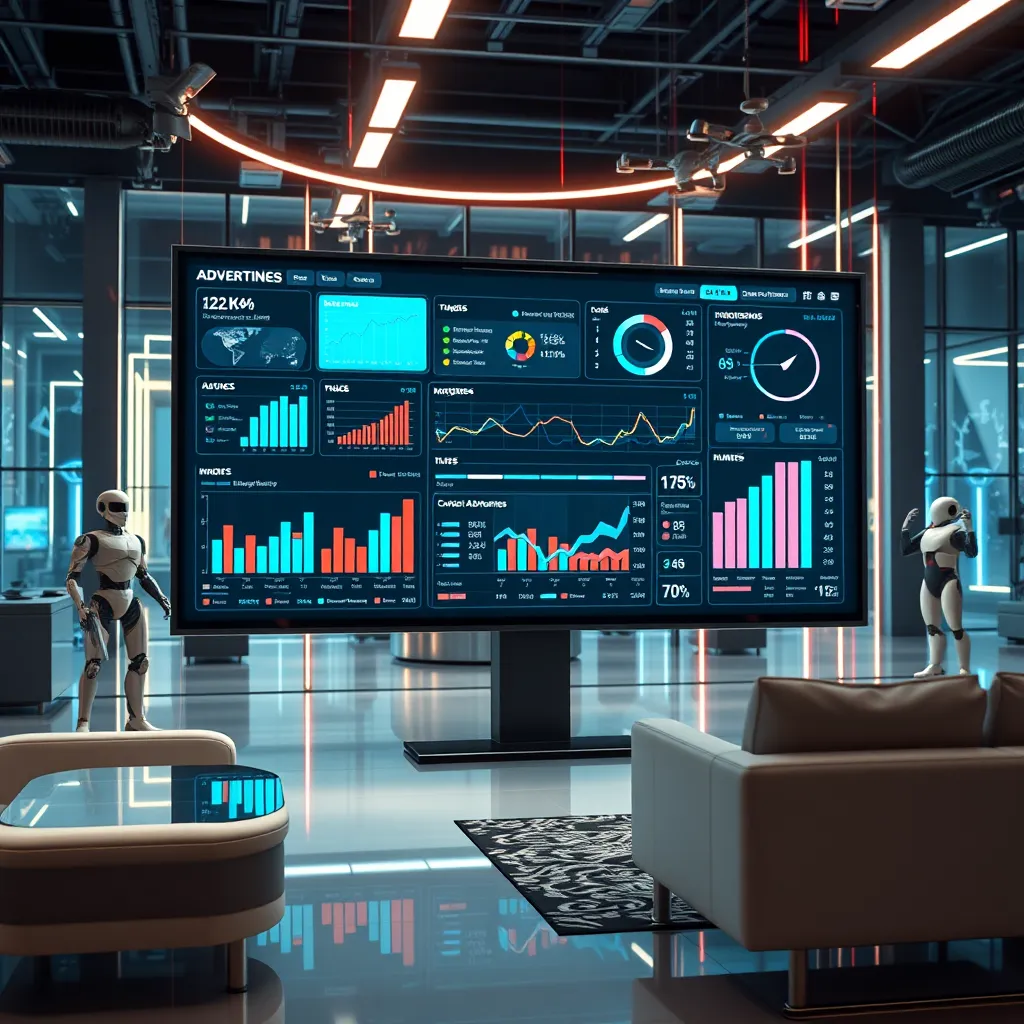 A photorealistic, ultra-high quality image showcasing a dynamic, interactive display of data and insights on a large screen in a modern, tech-focused environment. The screen should display a complex yet visually appealing dashboard with real-time data representing a successful advertising campaign. The data should be presented in a clean and intuitive way, with clear visuals such as bar graphs, pie charts, and heat maps, highlighting key metrics like clicks, impressions, and conversions. The image should capture a sense of momentum and progress, with the data pulsing and evolving in real-time. The environment should convey a sense of innovation and dynamism, with sleek, modern furniture and technological elements like robots or drones in the background. The lighting should be bright and vibrant, creating a sense of energy and excitement. The image should be captured from a dynamic perspective, highlighting the movement and interaction of the data on the screen. The style should resemble a futuristic, tech-driven aesthetic, similar to the work of cyberpunk artists or science fiction film directors like Ridley Scott. The image should be rendered in 8K resolution with hyperrealistic detail, showcasing the quality of the rendering.