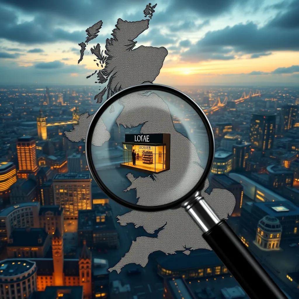 A photorealistic illustration depicting a map of the UK with a magnifying glass focused on a specific location, highlighting a local business thriving amidst a bustling cityscape.