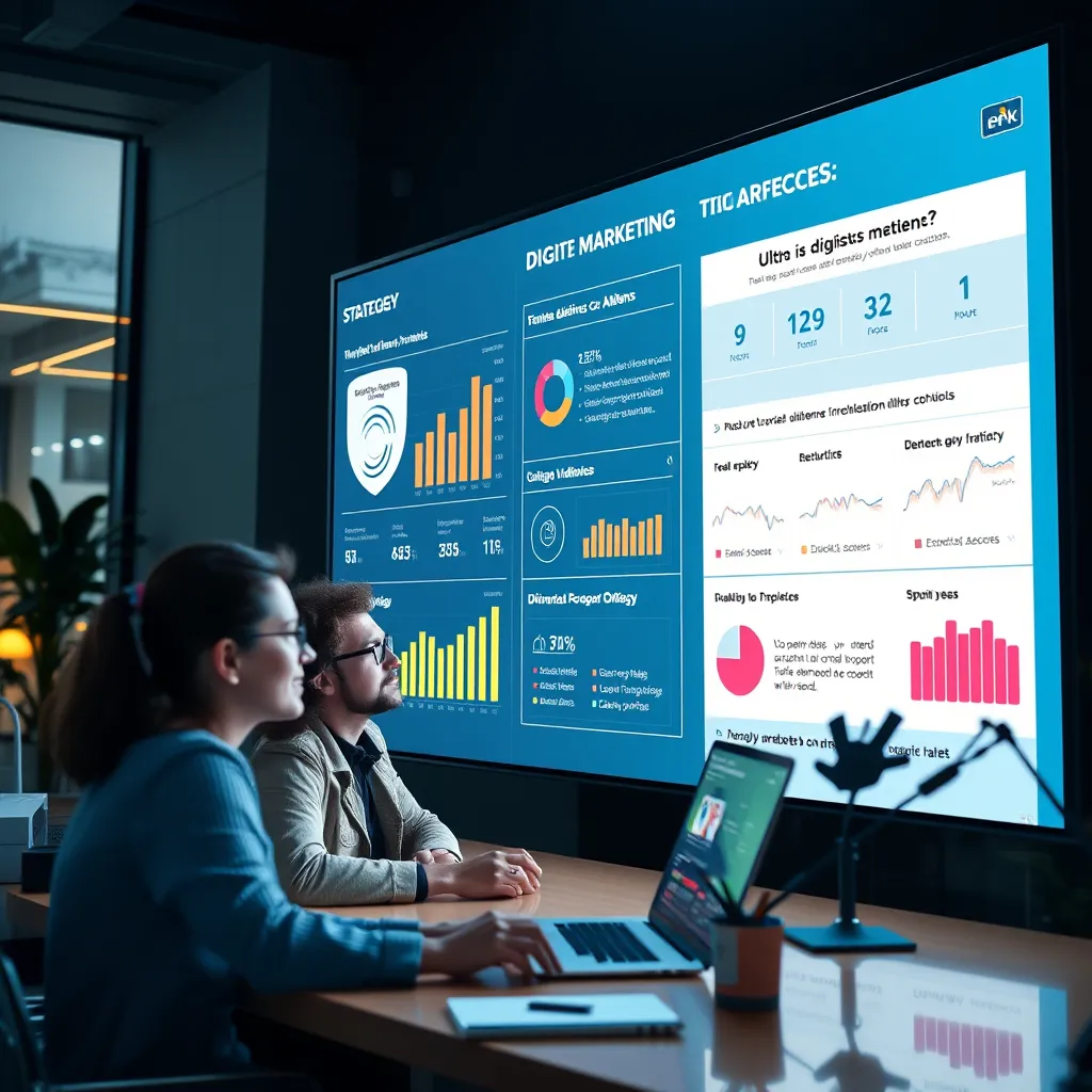 A photorealistic image of a team of digital marketers working collaboratively on a large digital screen, showcasing a marketing campaign strategy with data visualizations, target audience demographics, and a clear call to action, demonstrating their strategic approach to online marketing.