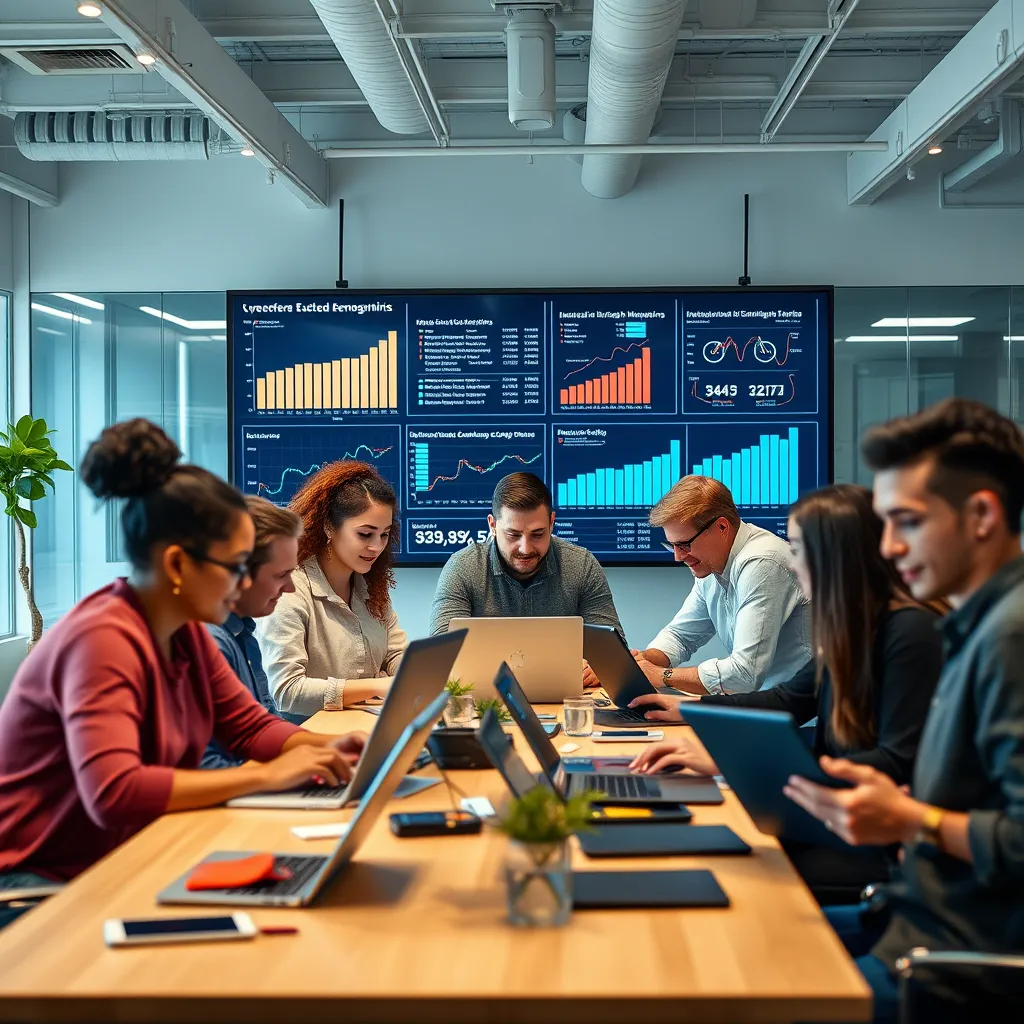 A team of diverse professionals working on laptops and tablets in a modern, open-plan office. The background features a large screen displaying data and graphs related to UK demographics and market trends. The atmosphere is energetic and collaborative, reflecting the agency's focused approach to UK digital marketing.