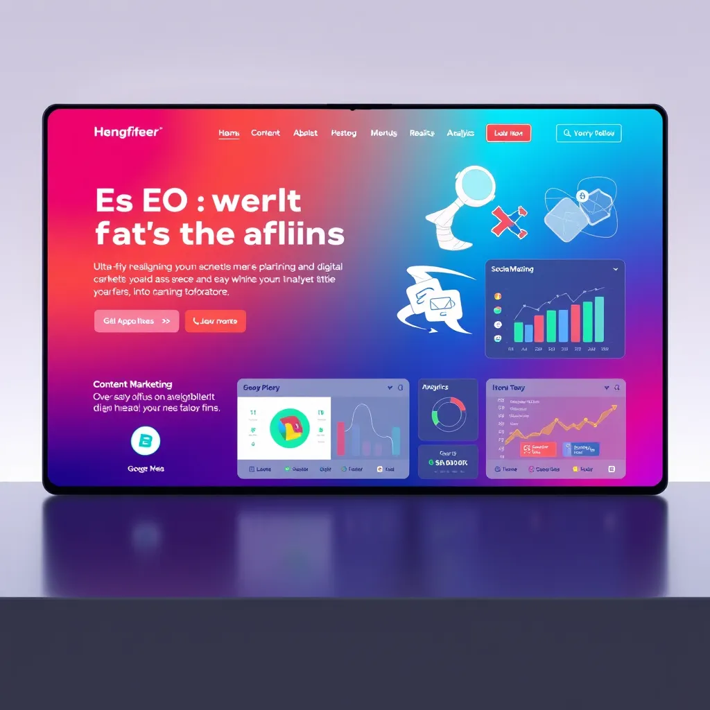 A vibrant, modern website design with a sleek user interface, showcasing a variety of digital marketing tools and features, including SEO optimization, content marketing, social media management, and analytics dashboards, all seamlessly integrated into a unified platform.