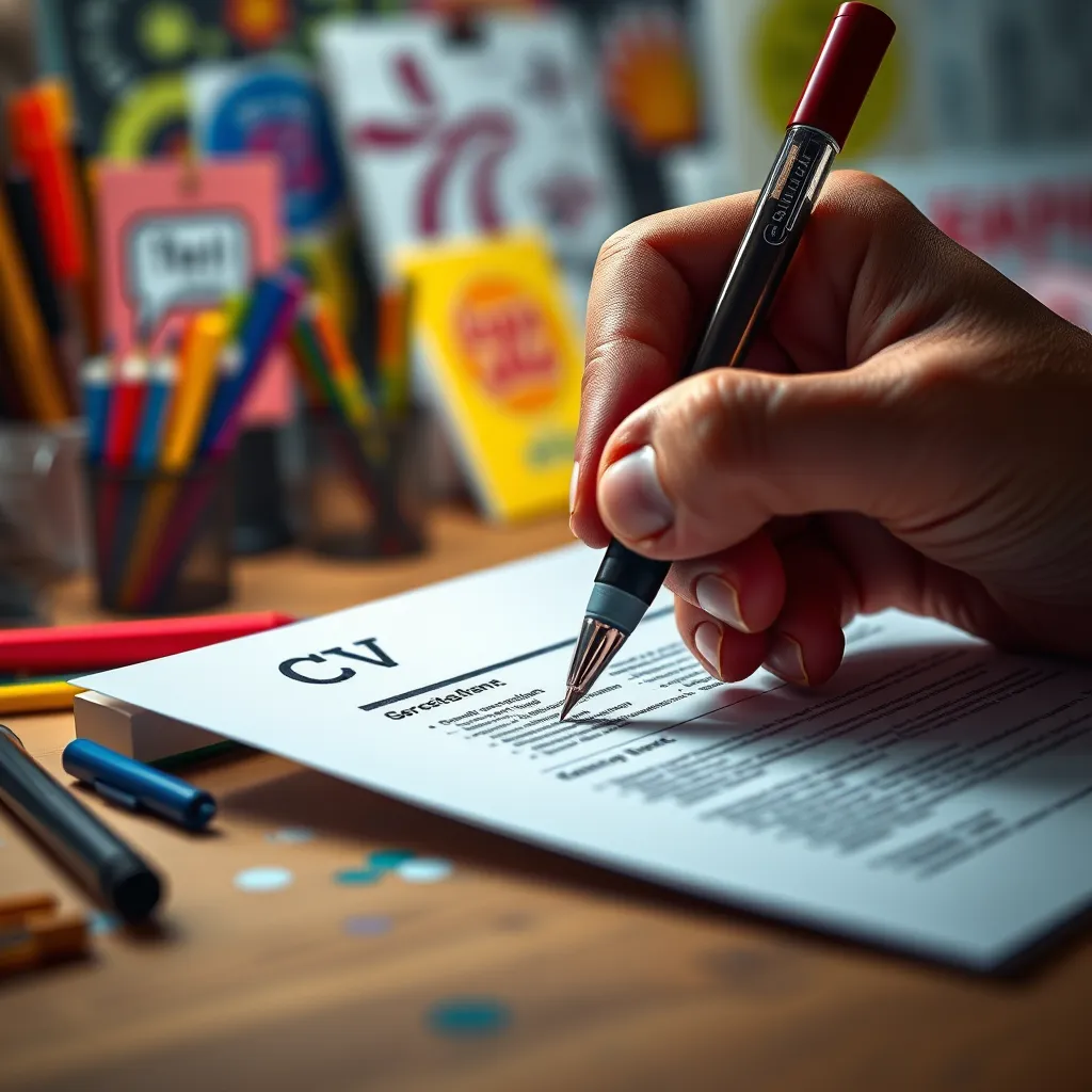 A close-up of a hand writing a CV with a vibrant, artistic pen. The background should be a colorful and creative workspace, representing individuality and creativity.