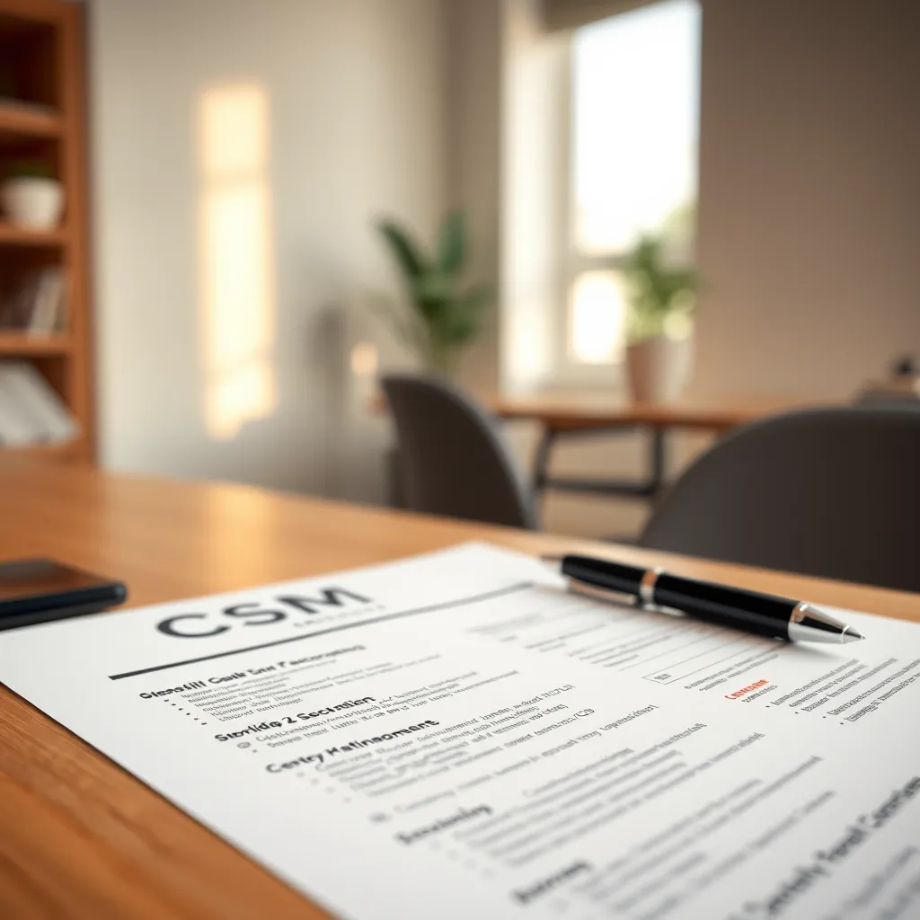 A close-up shot of a well-structured CV on a desk, with a pen resting on it. The paper should have a clean, modern design, with bold headings, bullet points, and a professional font. The lighting should be soft and natural, with a warm color palette. The background should be a minimalist office space with subtle textures and neutral colors. The image should be in a hyperrealistic style, with ultra-detailed textures and sharp focus. Render in 8K resolution with a cinematic depth of field, highlighting the key sections of the CV.