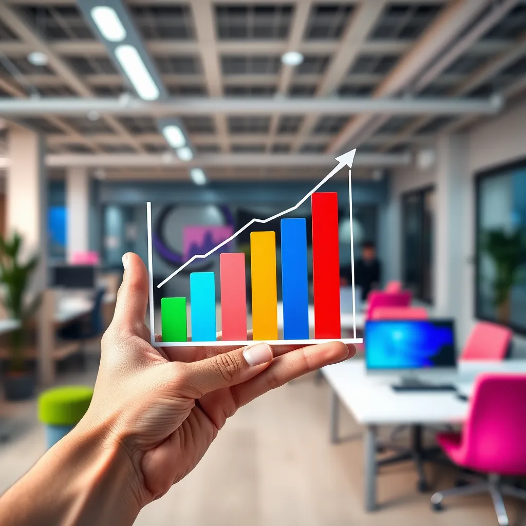 A hand holding a colorful bar graph chart, with the graph depicting growth and success. The background should be a vibrant office space with abstract shapes representing data points.