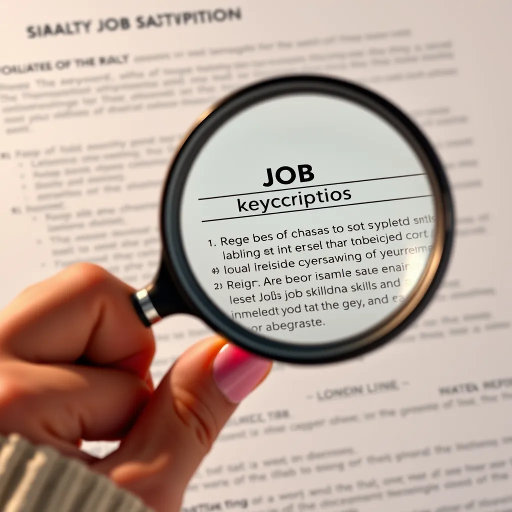 A photorealistic illustration of a person using a magnifying glass to examine a job description, highlighting keywords related to specific skills and experiences. The image should emphasize the importance of using targeted language in a CV.